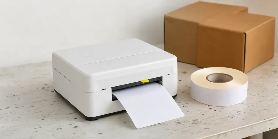 A small white desktop label printer feeding out a blank label, a spare roll and kraft boxes beside it