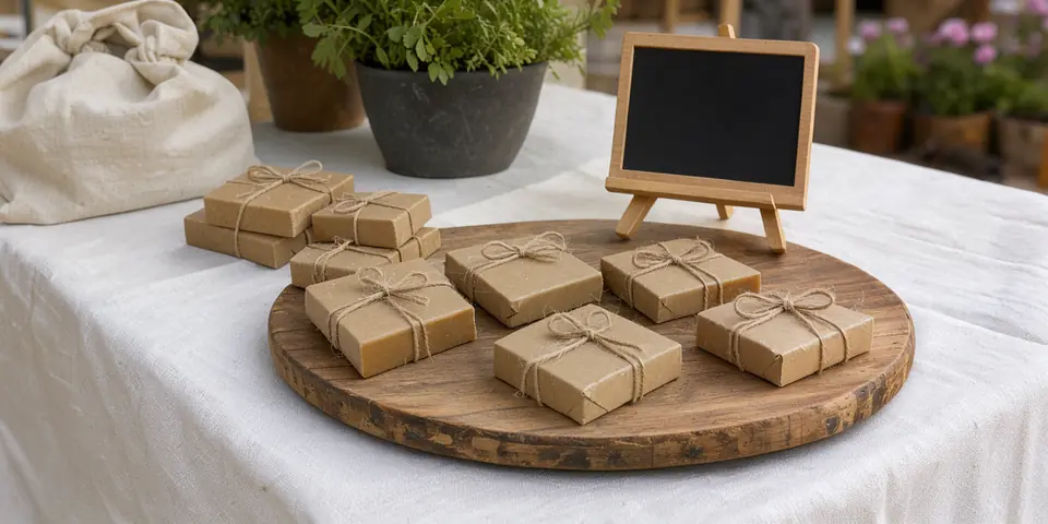 Handmade soap bars wrapped in kraft paper on a market table with a small blank chalkboard sign