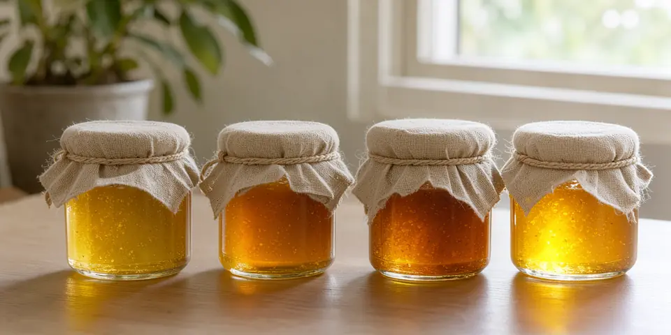 A row of unlabeled jars of honey and jam with linen cloth lids on a pale wooden table