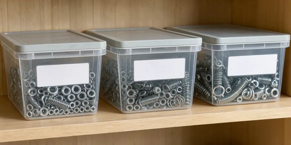 Clear storage bins of small hardware on a wooden shelf, each with an empty label space